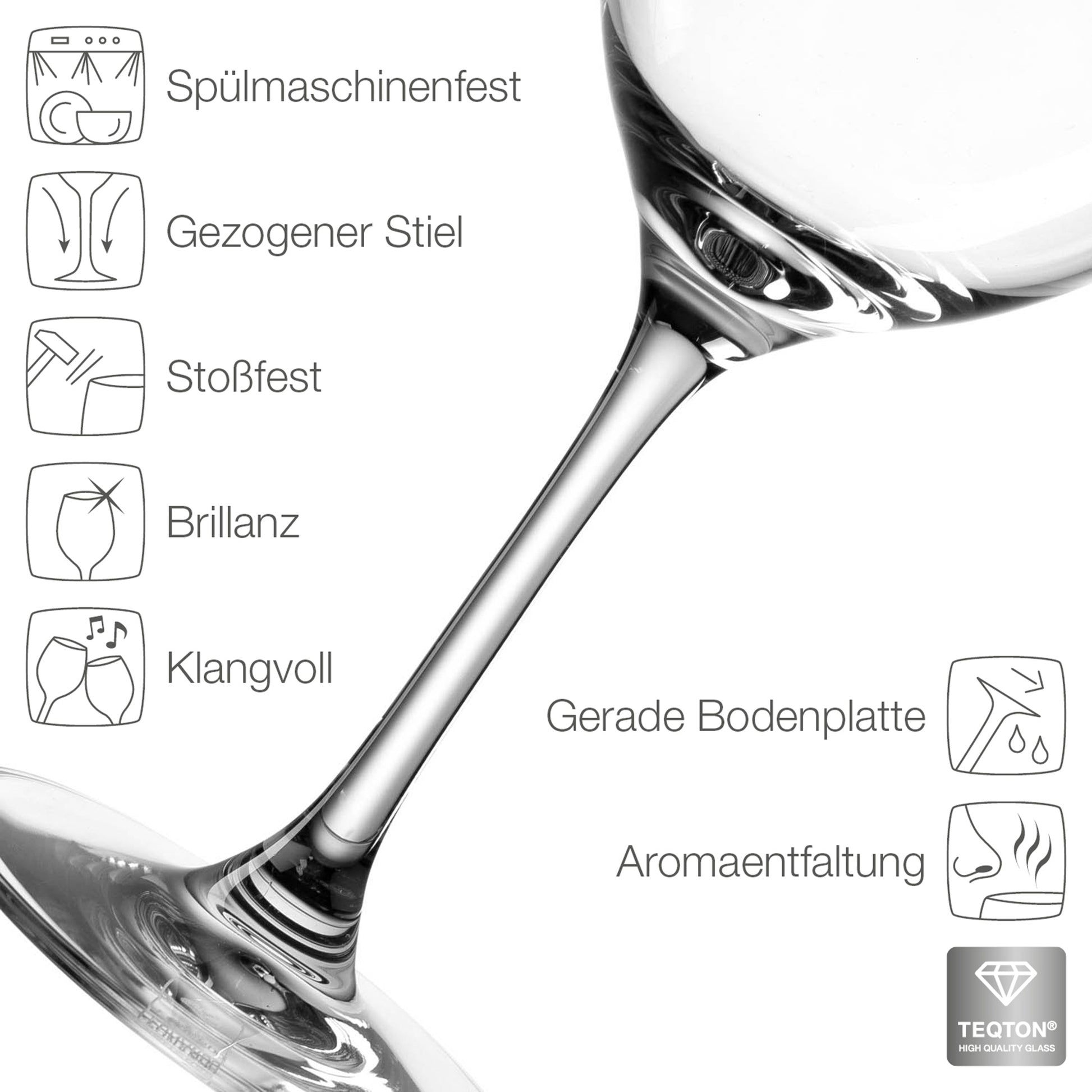 Detailansicht des Leonardo Weinglases mit Eigenschaften wie spülmaschinenfest, stoßfest, Brillanz und TEQTON-Glas