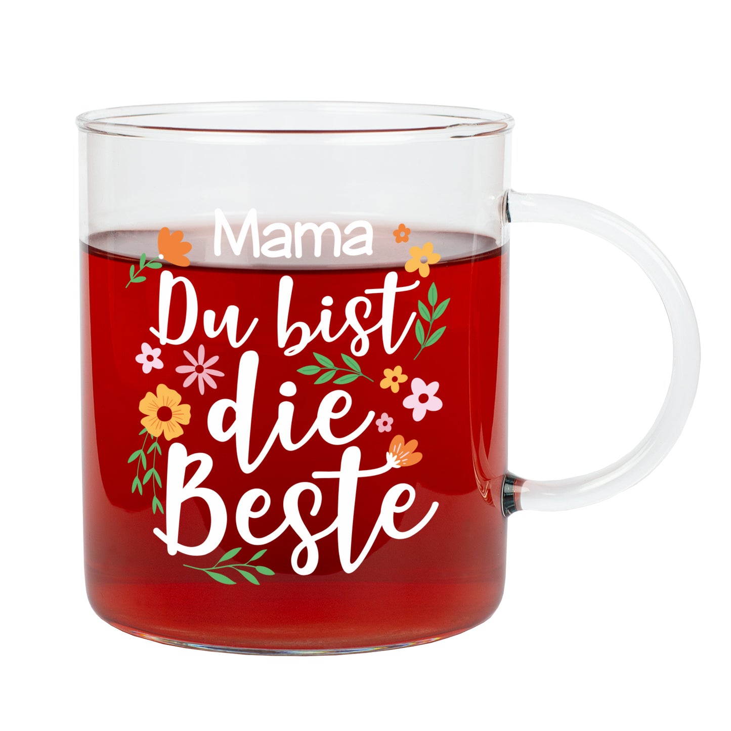 Personalisiertes Teeglas Mama Du bist die Beste auf weißem Hintergrund freigestellt
