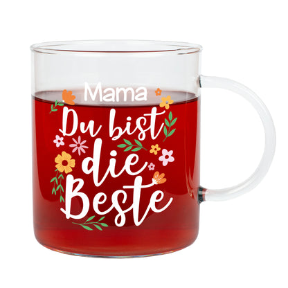 Personalisiertes Teeglas Mama Du bist die Beste auf weißem Hintergrund freigestellt
