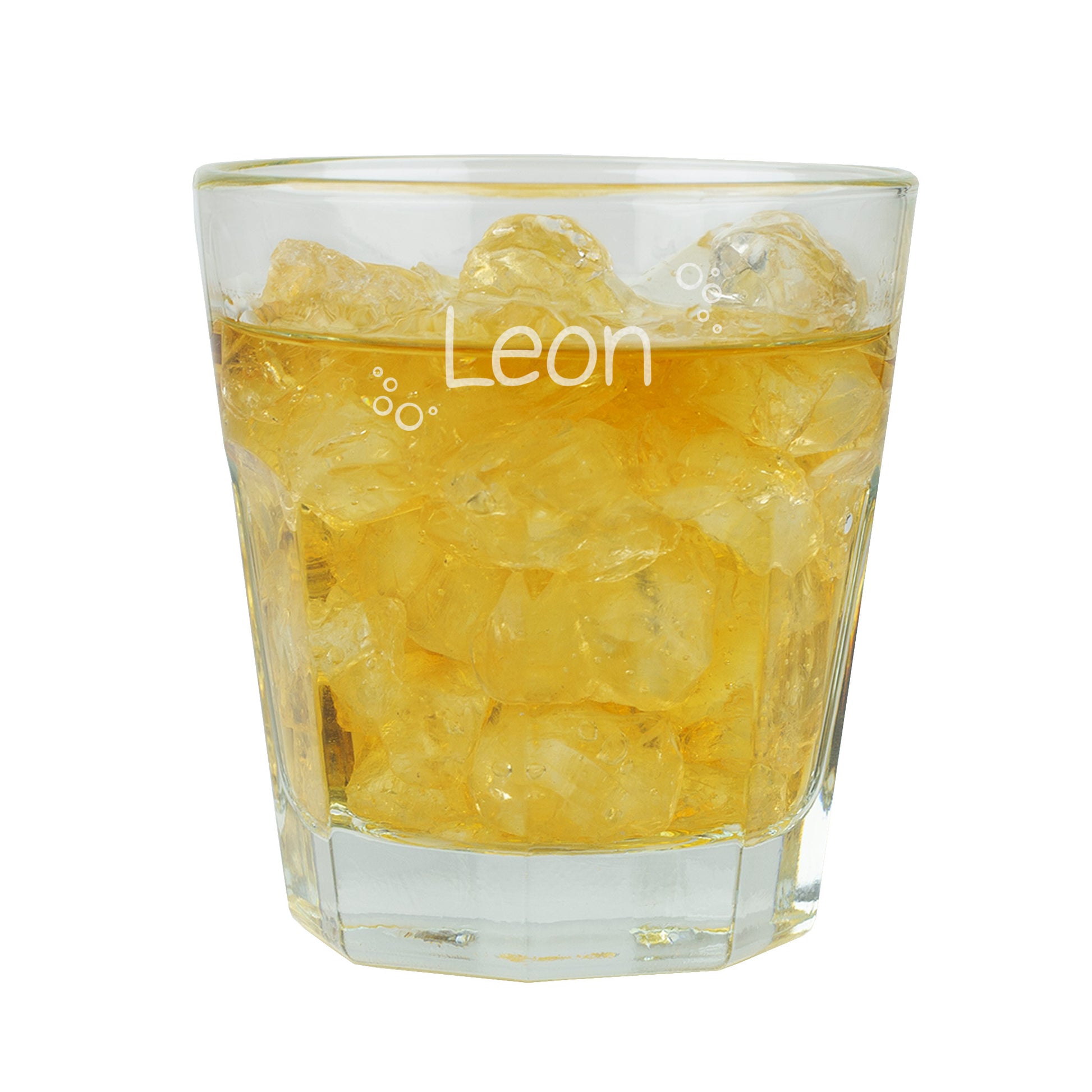 Freigestelltes Leonardo-Trinkglas mit Gravur von Name und Blubberblasen-Motiv, gefüllt mit Saft – hochwertiges Glas für Kinder und Familie.
