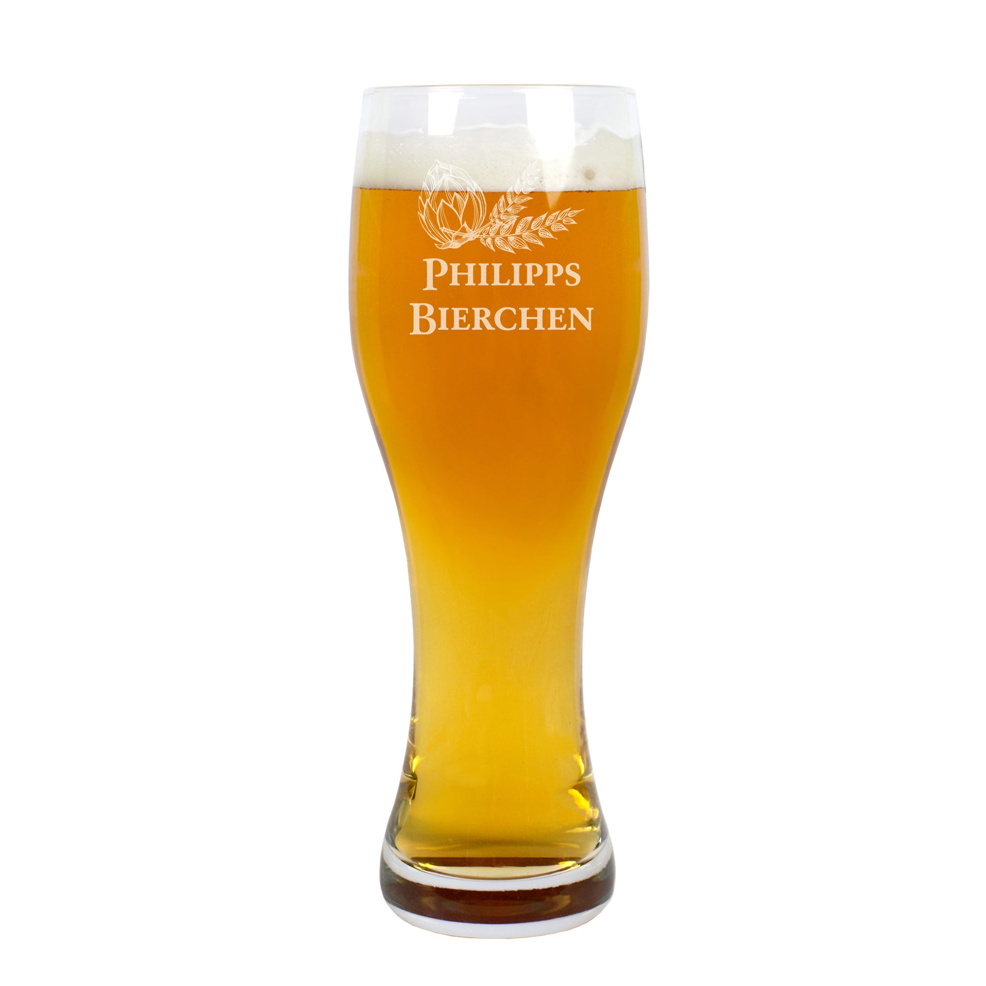 Freigestelltes Leonardo-Weizenglas mit Gravur „Philipps Bierchen“, gefüllt mit Bier