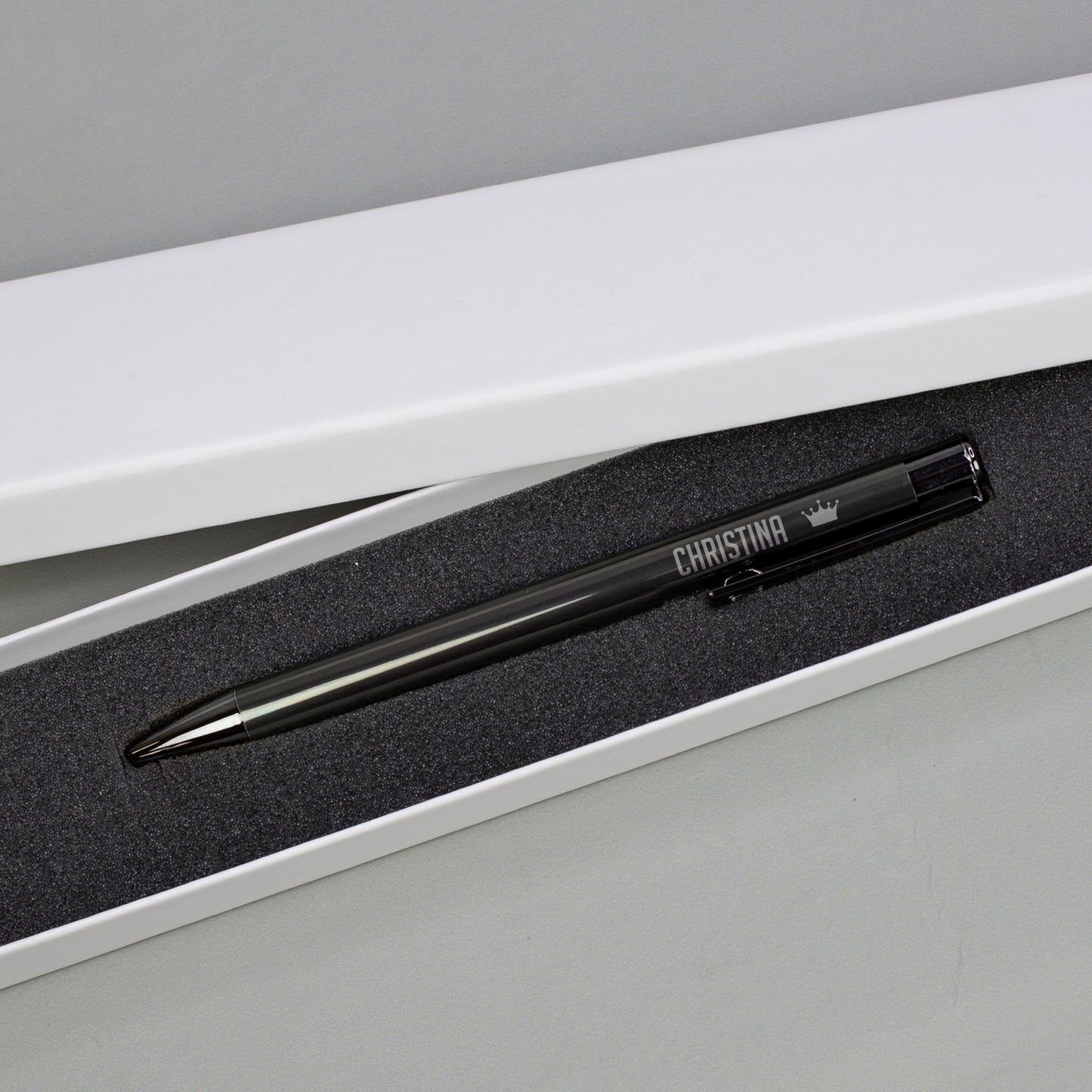 Grauer Kugelschreiber mit Gravur und Geschenkbox