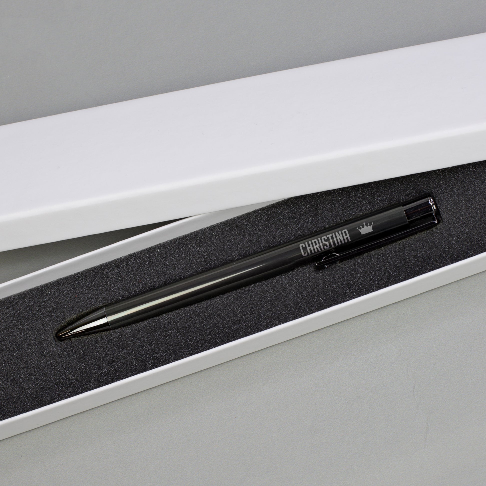 Grauer Kugelschreiber mit Gravur und Geschenkbox