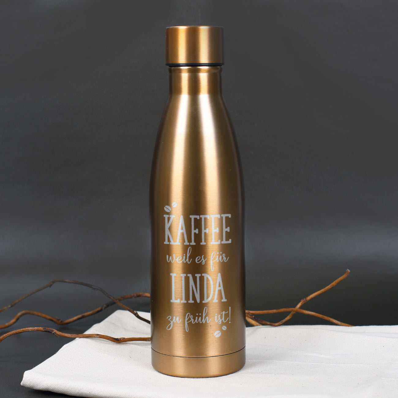 Thermosflasche mit Kaffeemotiv und Wunschtext