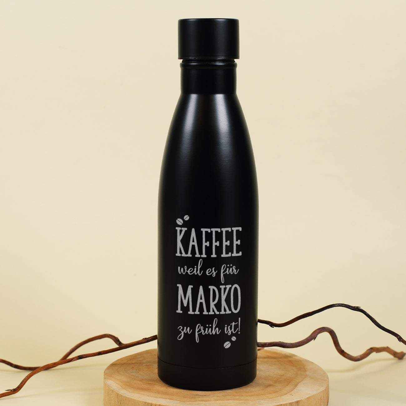 Thermosflasche mit Kaffeemotiv und Wunschtext