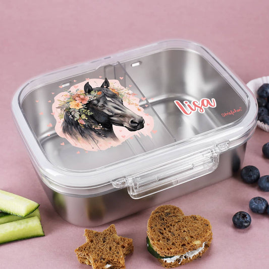 Süße Pferdebrotdose mit transparentem Deckel sowie Serviervorschlag