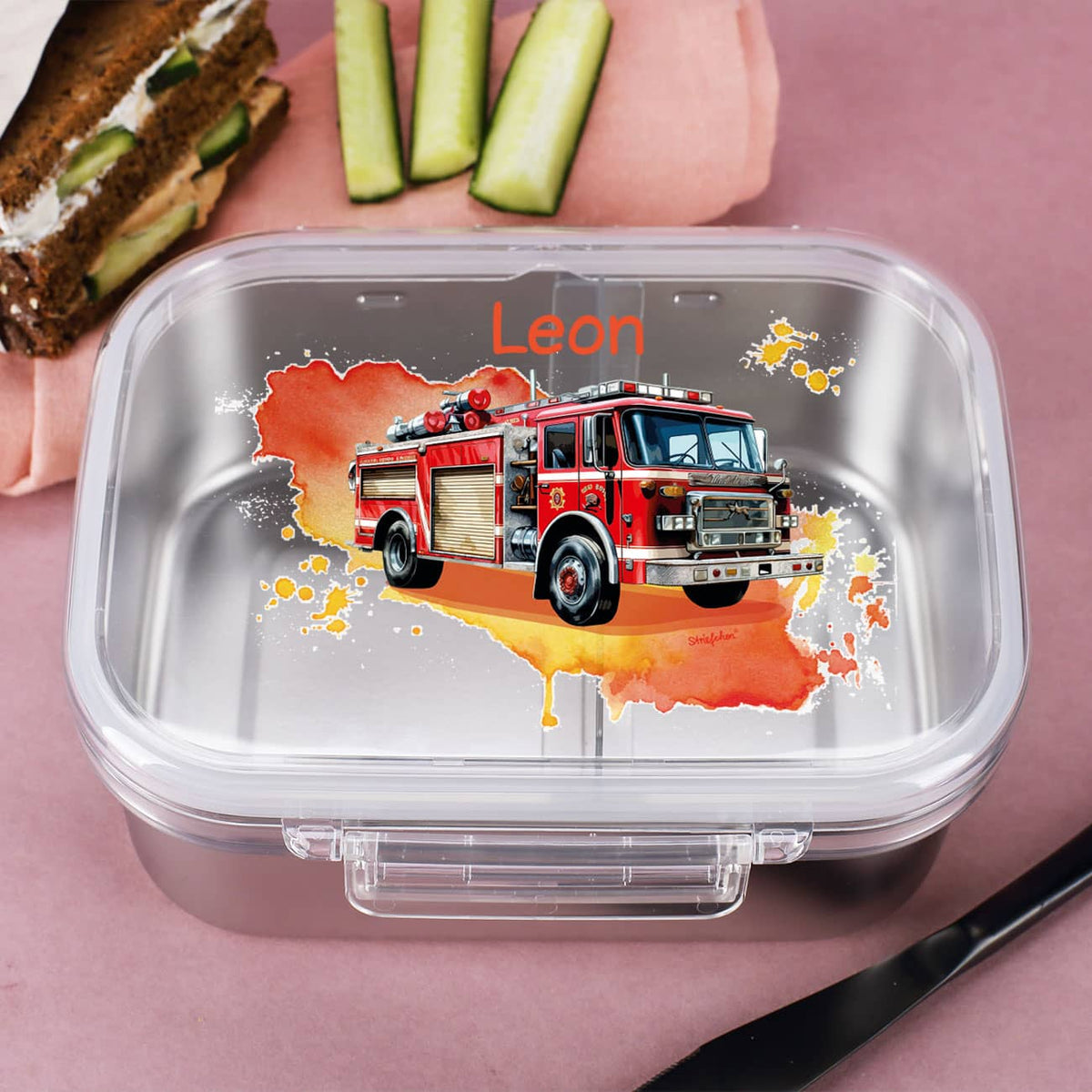 Brotdose aus Edelstahl mit Feuerwehrauto-Motiv bedruckt und Name –