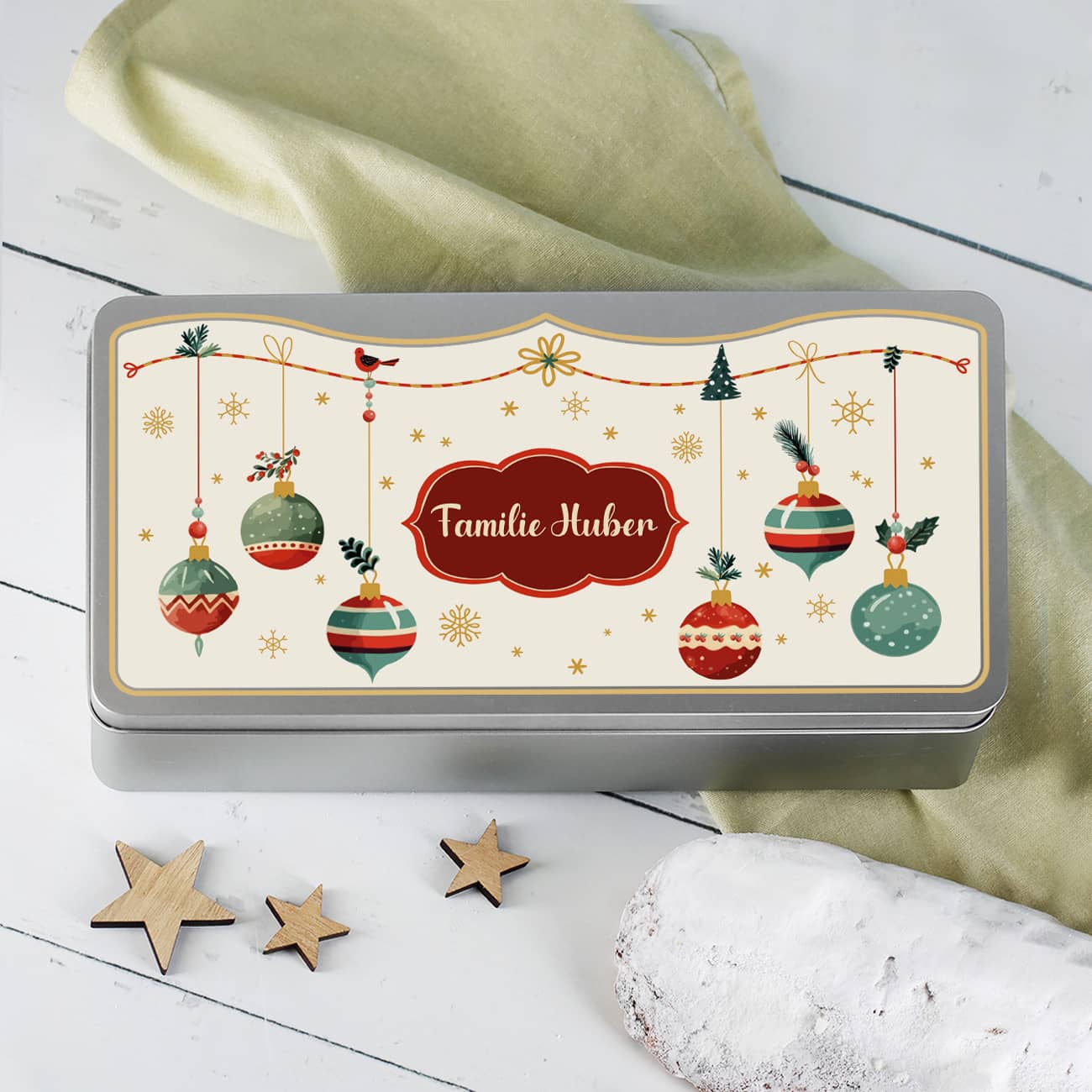 Weihnachtliche Stollendose mit Name bedruckt