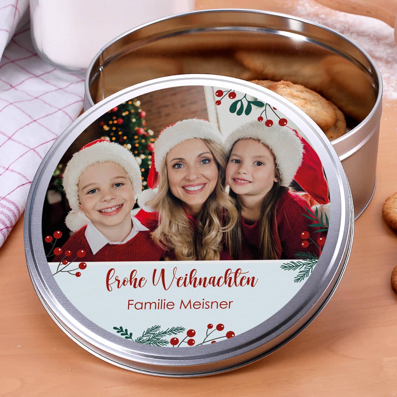 Weihnachtliche Keksdose mit Ihrem Foto und Text