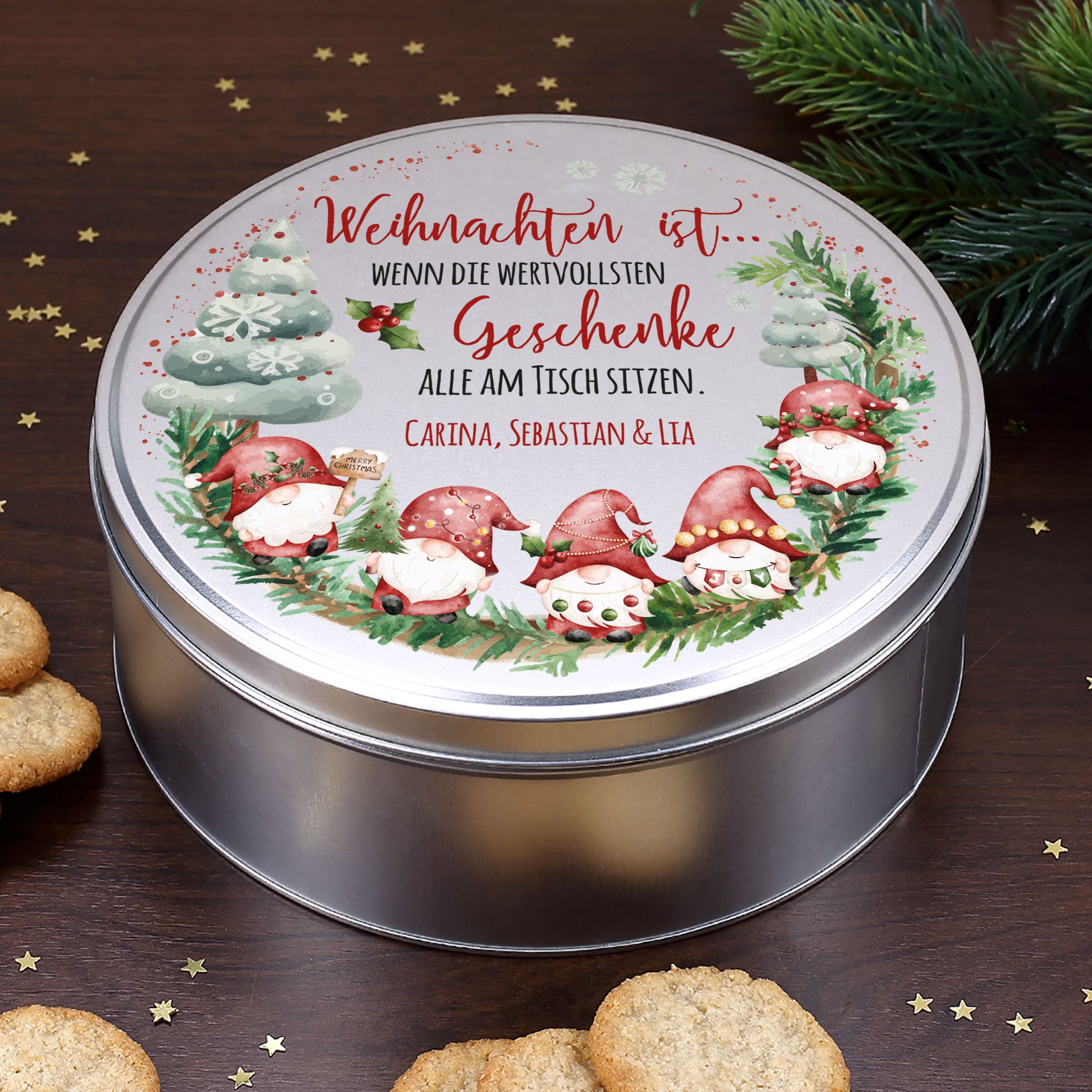 Keksdose mit Weihnachtsmotiv, Spruch und Wunschtext – festlich dekoriert