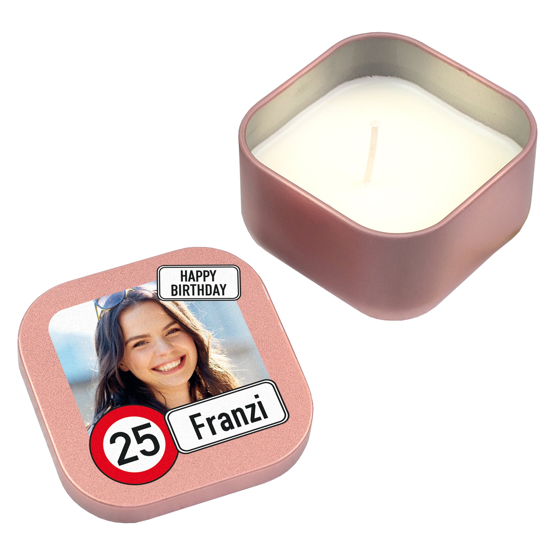Roségoldene Mini Duftkerze mit geöffnetem Behälter und Deckel mit Foto, Alter 25 und Name Franzi auf weißem Hintergrund