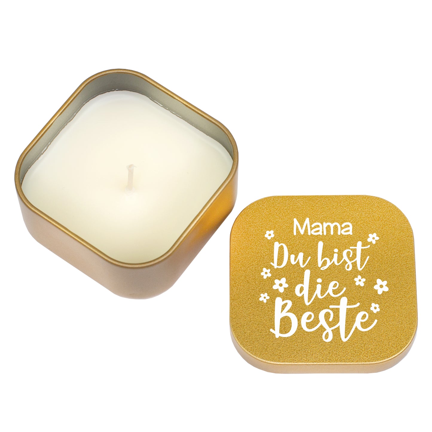 Goldene Duftkerze mit Vanilleduft, geöffnet mit Deckel „Mama Du bist die Beste“ vor hellem Hintergrund