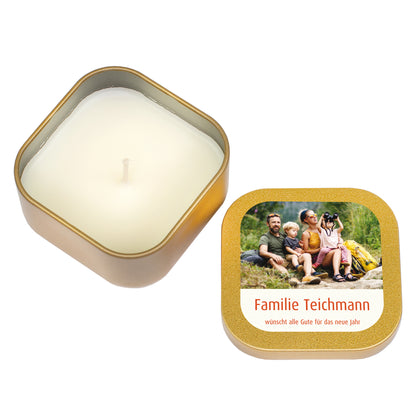 Goldene Mini Duftkerze mit geöffnetem Behälter und Deckel mit Familienfoto und Wunschtext zum neuen Jahr