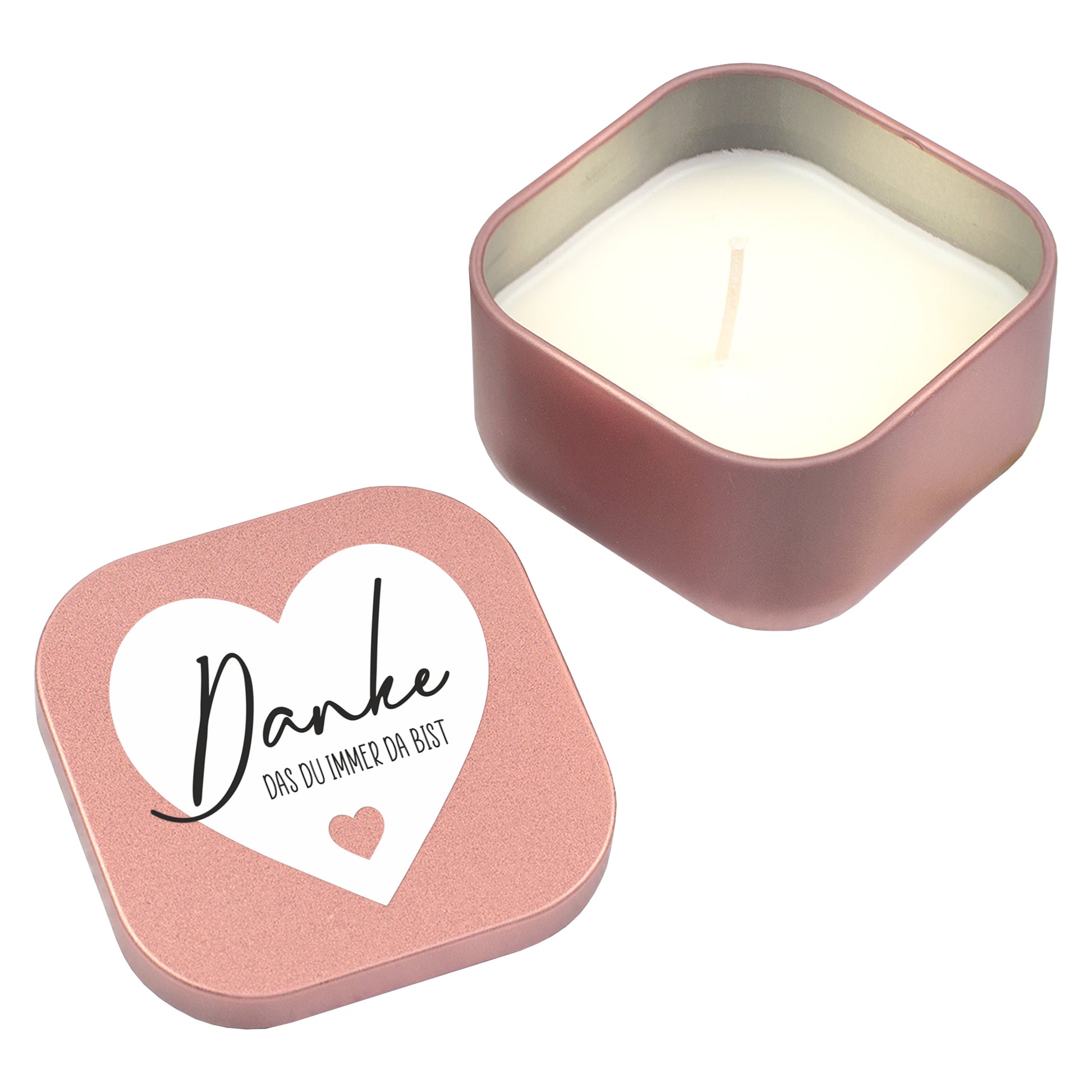 Hände halten roségoldene Duftkerze mit geöffnetem Deckel und Aufschrift Danke für einfach alles vor Blumenmotiv