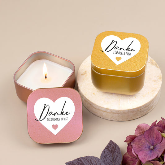 Duftkerzen in Gold und Roségold mit Herzmotiv und Danke-Schriftzug