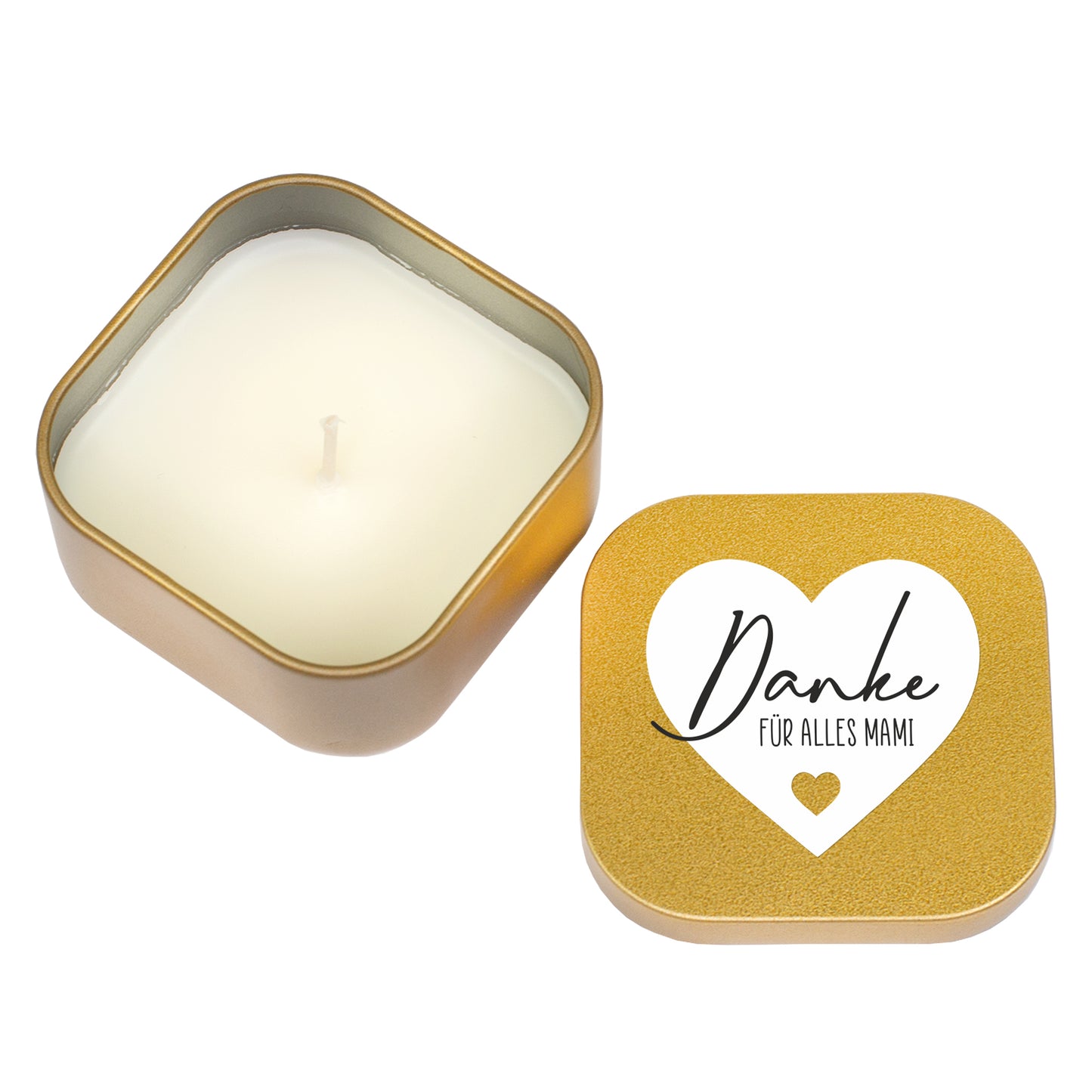 Freigestellte goldene Duftkerze mit weißem Wachs und passendem Deckel mit Herzmotiv und Danke für alles Mami