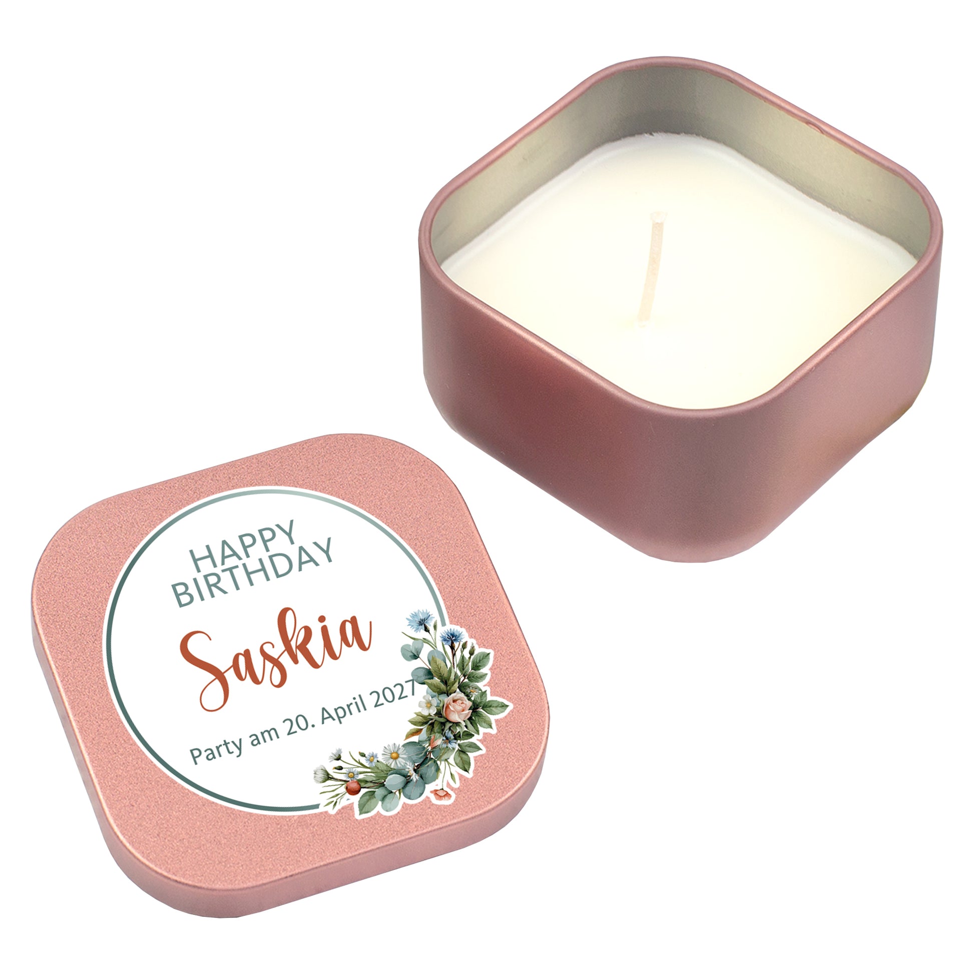 Freigestellte Mini Duftkerze in Roségold mit Happy-Birthday-Motiv, Name Saskia und Wunschtext