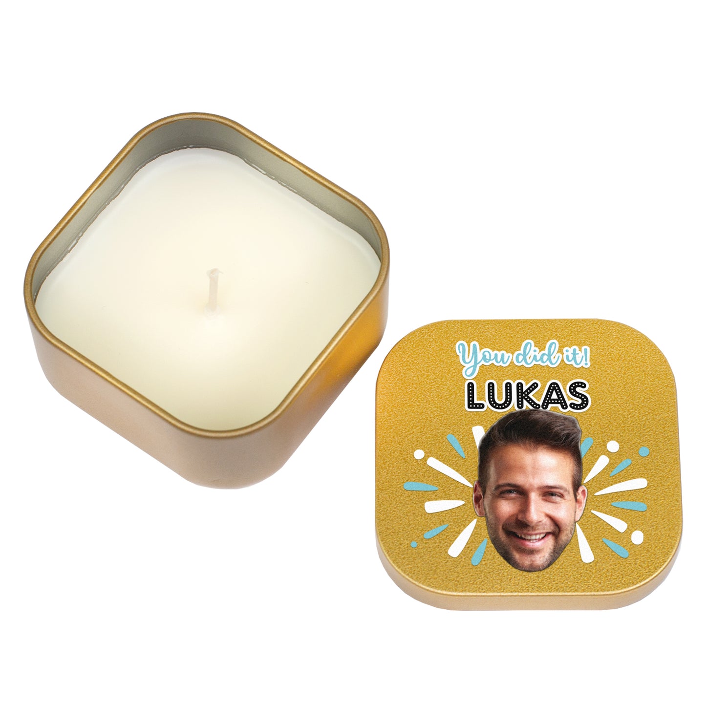 Personalisierte Duftkerze in goldener Metalldose mit Foto, Name und You did it Motiv auf dem Deckel