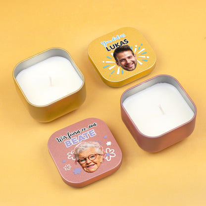 Zwei Mini Duftkerzen in Gold und Roségold mit personalisierten Foto-Motiven als Geschenkidee