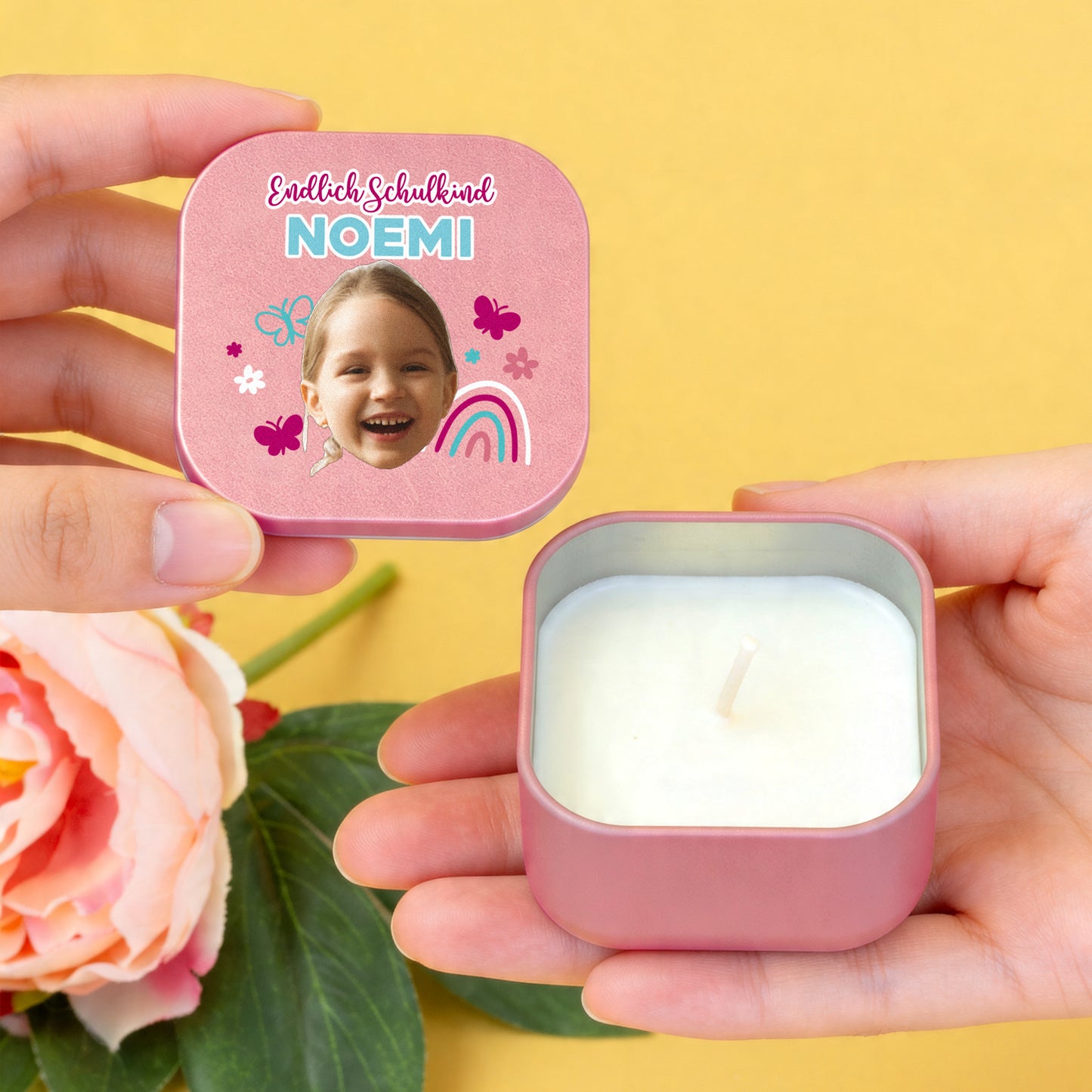 Roségoldene Duftkerze mit Foto, Name und You did it Motiv auf dem Metalldeckel