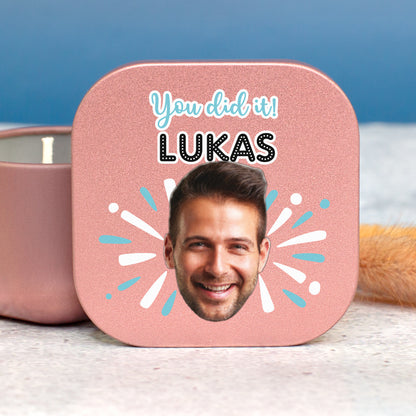 Duftkerze mit Foto, Wunschtext und Motiv personalisiert | Gastgeschenk für Geburtstag & Einschulung