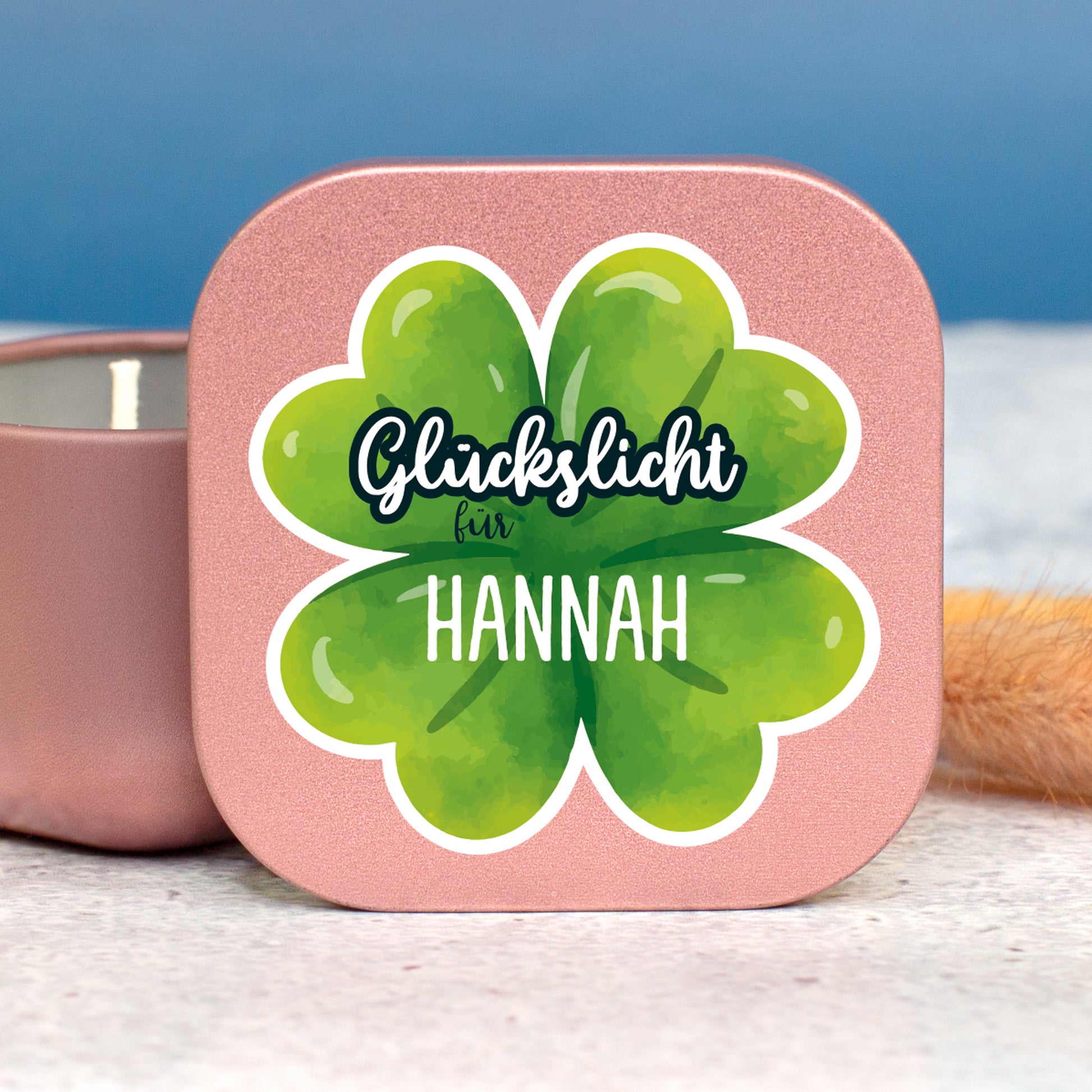 Roségoldener Glückslicht Deckel mit grünem Kleeblatt und Name Hannah