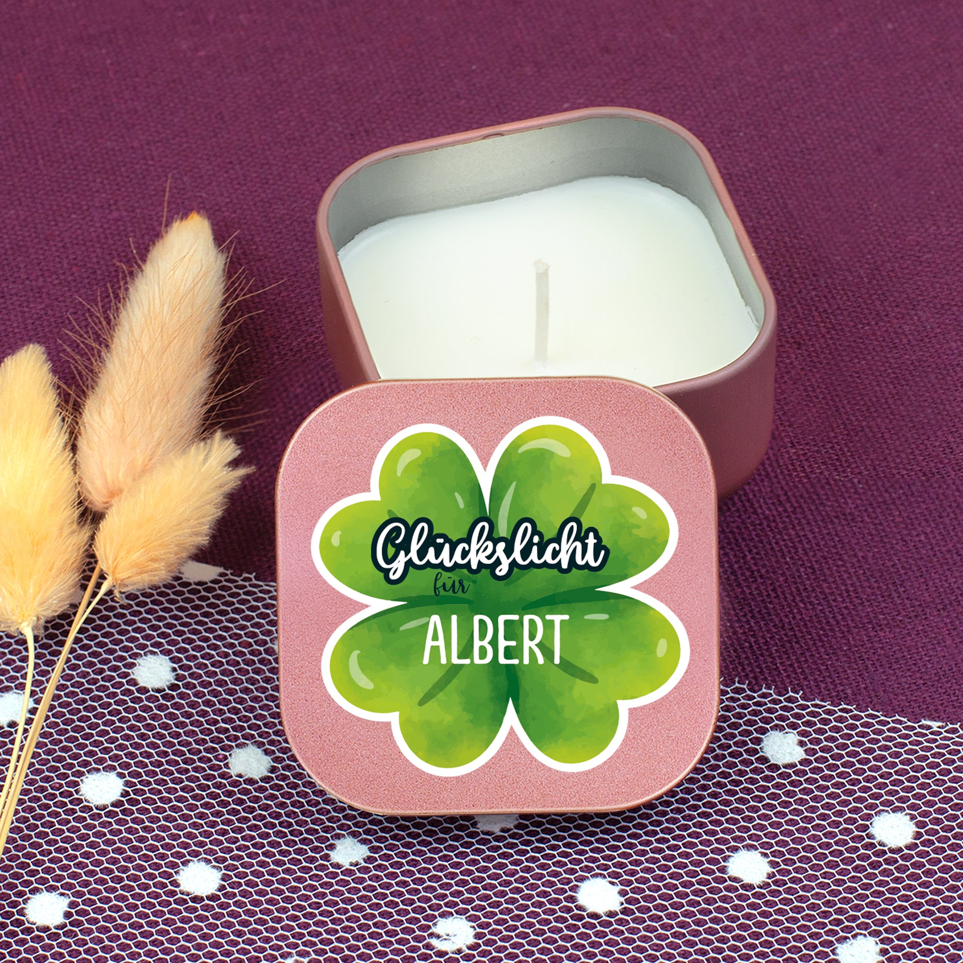 Personalisiertes Glückslicht in Roségold mit Kleeblatt und Name Albert