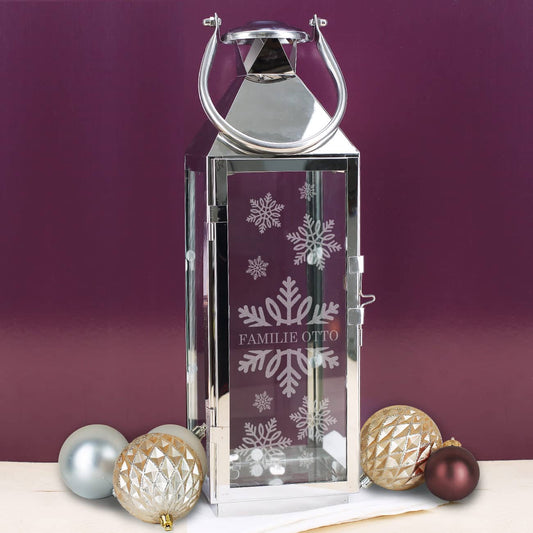 Winter-Laterne mit Schneeflocke und Wunschtext graviert