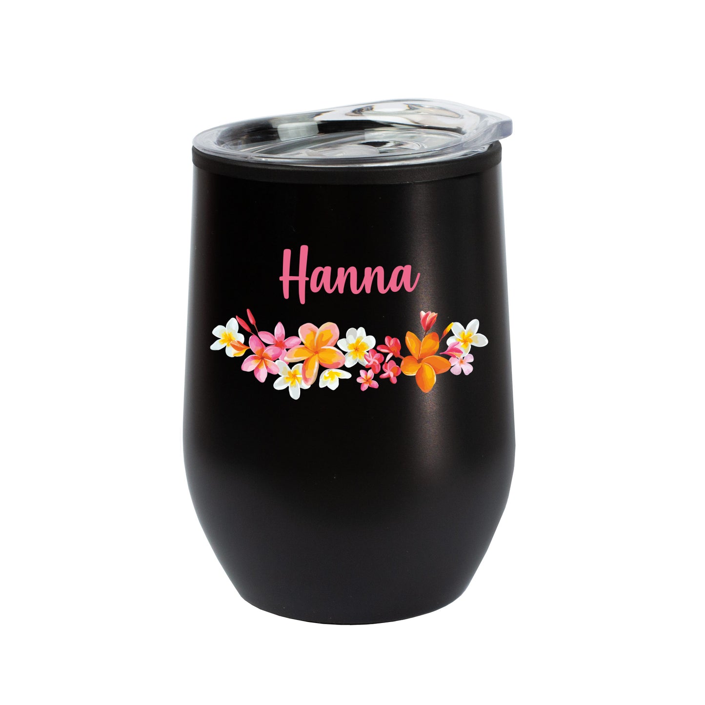 Schwarzer Thermobecher mit Blumenmotiv und Name Hanna freigestellt