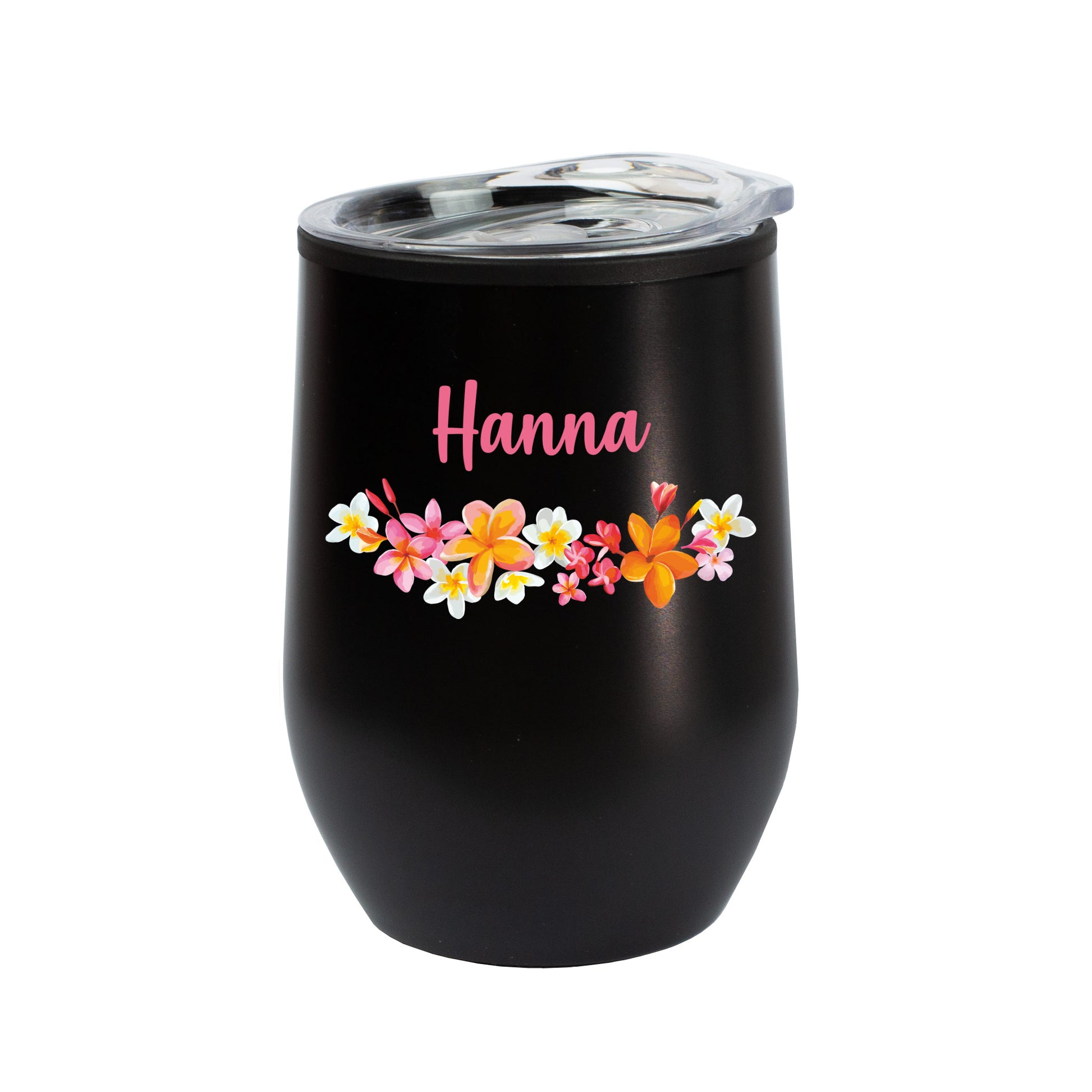 Schwarzer Thermobecher mit Blumenmotiv und Name Hanna freigestellt