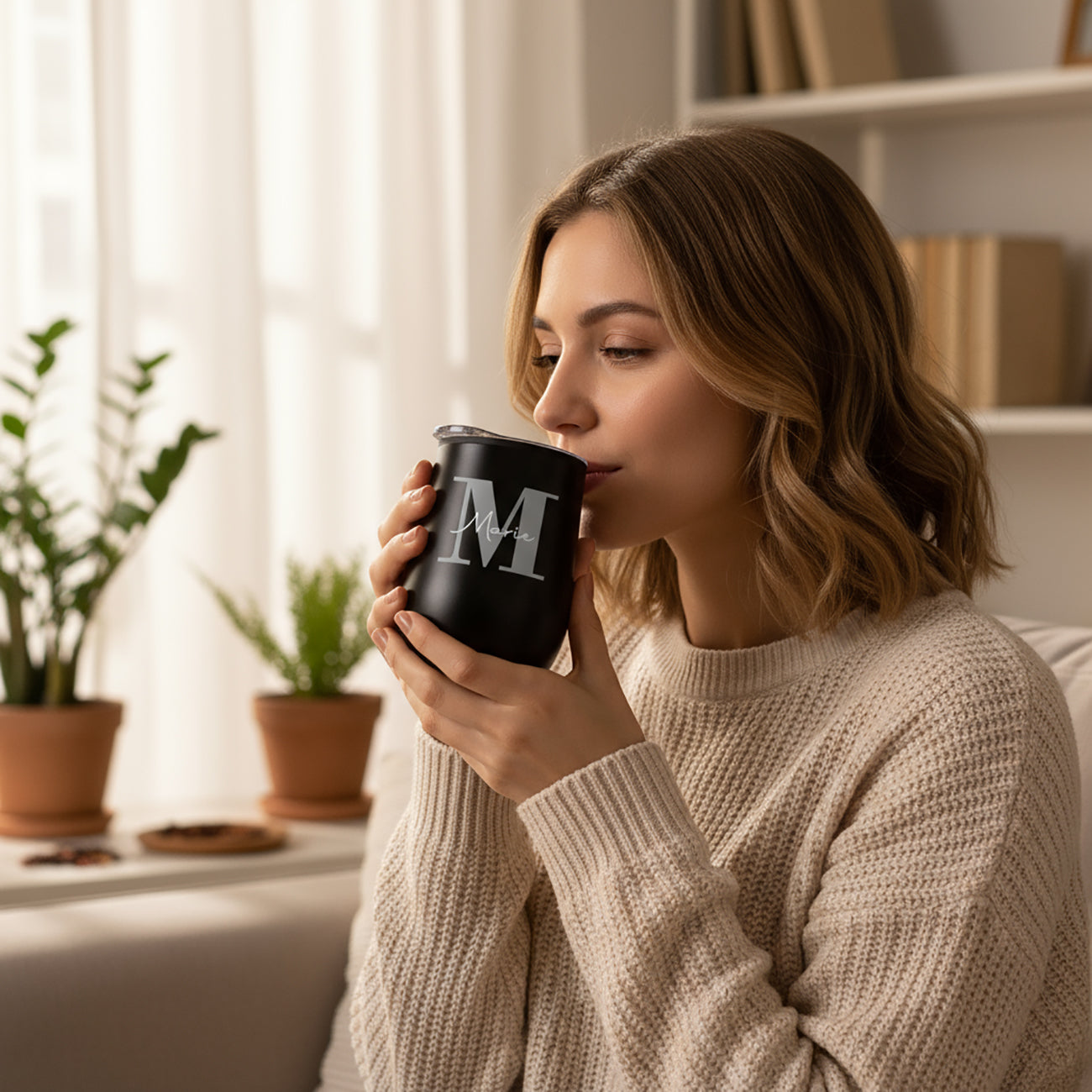 Frau trinkt aus personalisiertem schwarzen Thermobecher mit Initiale M und Name Marie