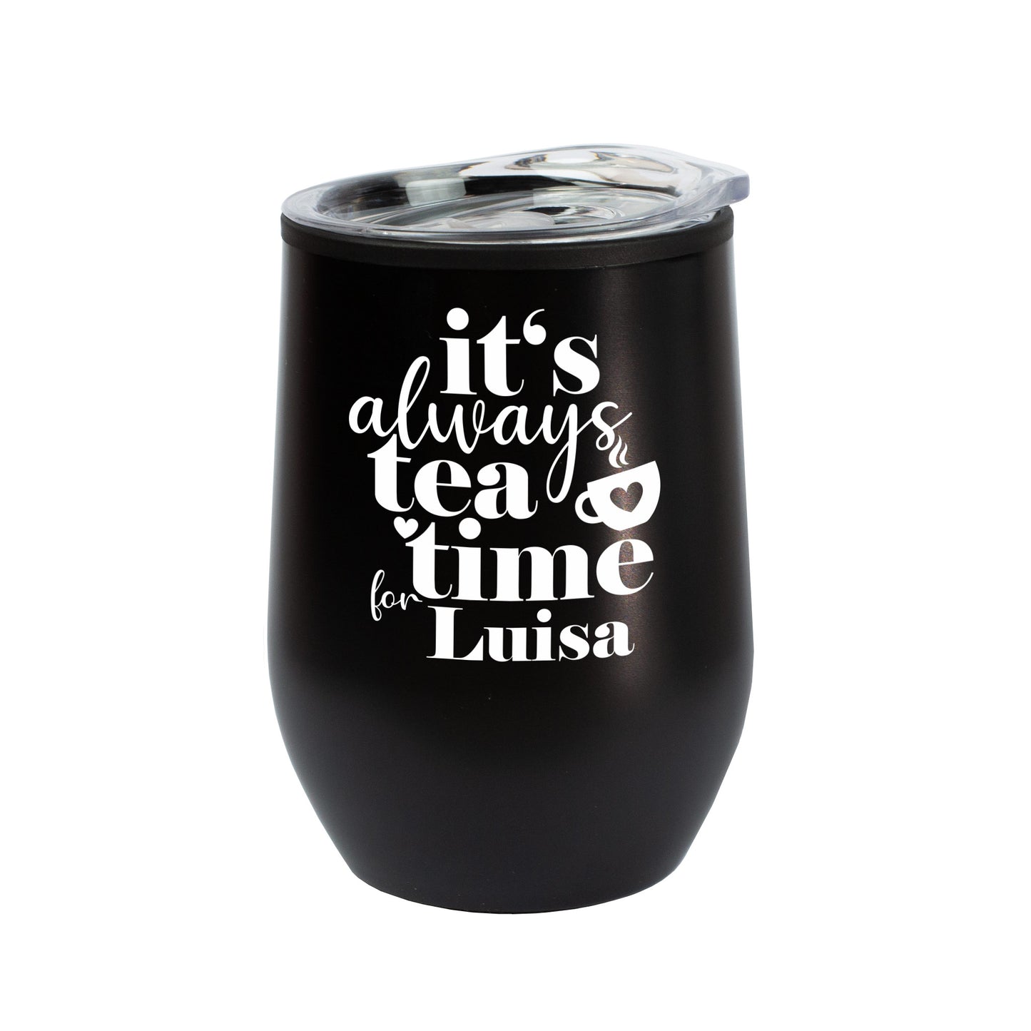 Schwarzer Thermobecher „Tea Time“ mit personalisiertem Namen, freigestellt auf weiß