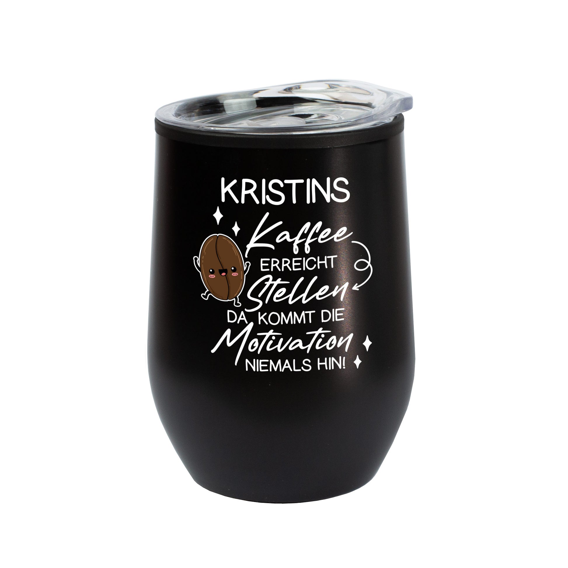 Schwarzer Thermobecher mit Name Kristins und Kaffee-Motiv freigestellt