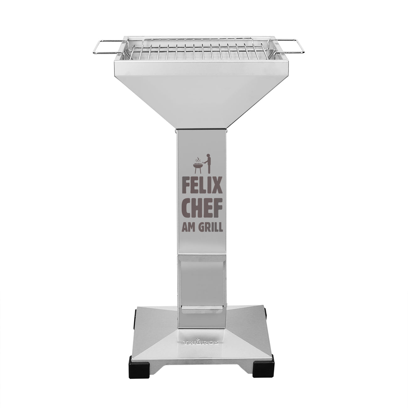 Professioneller Thüros Säulengrill aus Edelstahl mit persönlicher Gravur "Chef am Grill" und dem Namen, als Geschenk zum Geburtstag oder Vatertag, Holzkohlegrill 