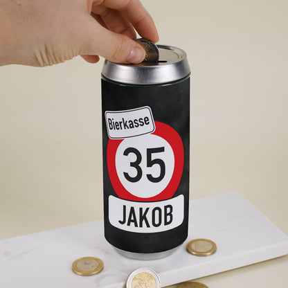 Spardose im Bierdosendesign mit Verkehrszeichenmotiv zum Geburtstag für Geldgeschenke bedruckt mit Name, Alter & Text lustiges Geburtstagsgeschenk –