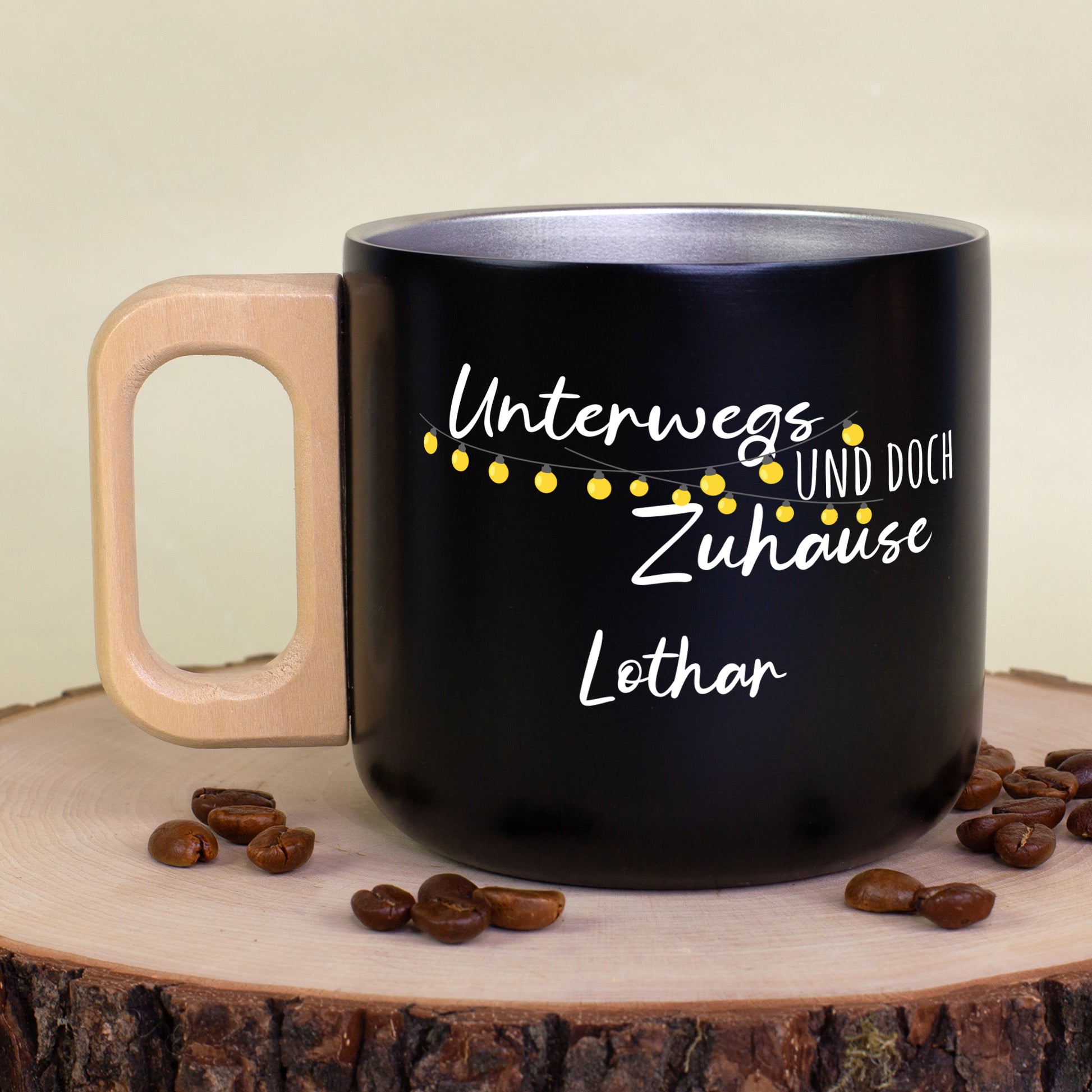 camping becher Edelstahl Becher mit Holzgriff für Camping & Outdoor personalisiert – geschenke-online.de