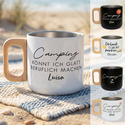 Edelstahl Becher mit Holzgriff für Camping & Outdoor personalisiert –