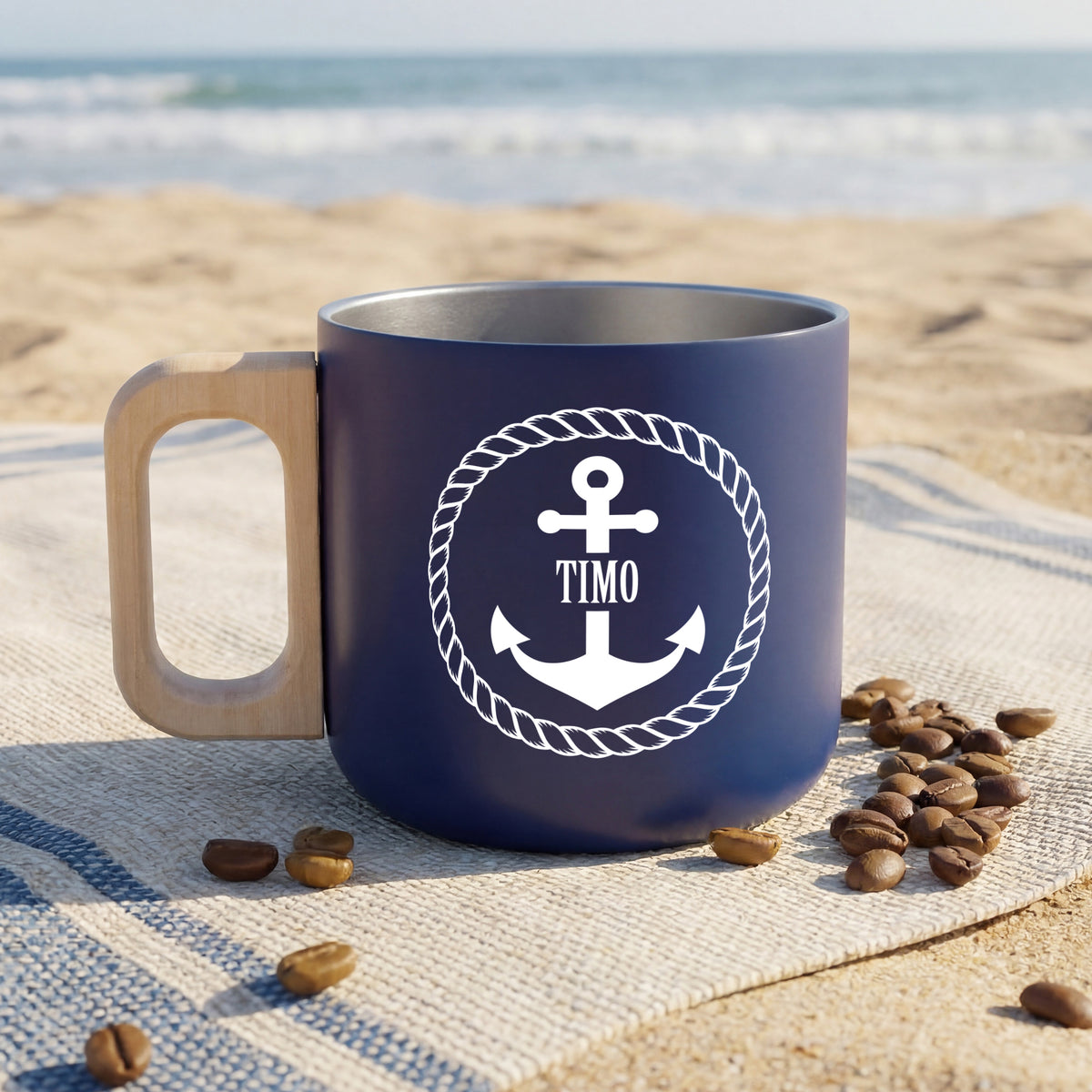 Edelstahl Tasse mit Anker & Name personalisiert und Holzgriff 400ml –