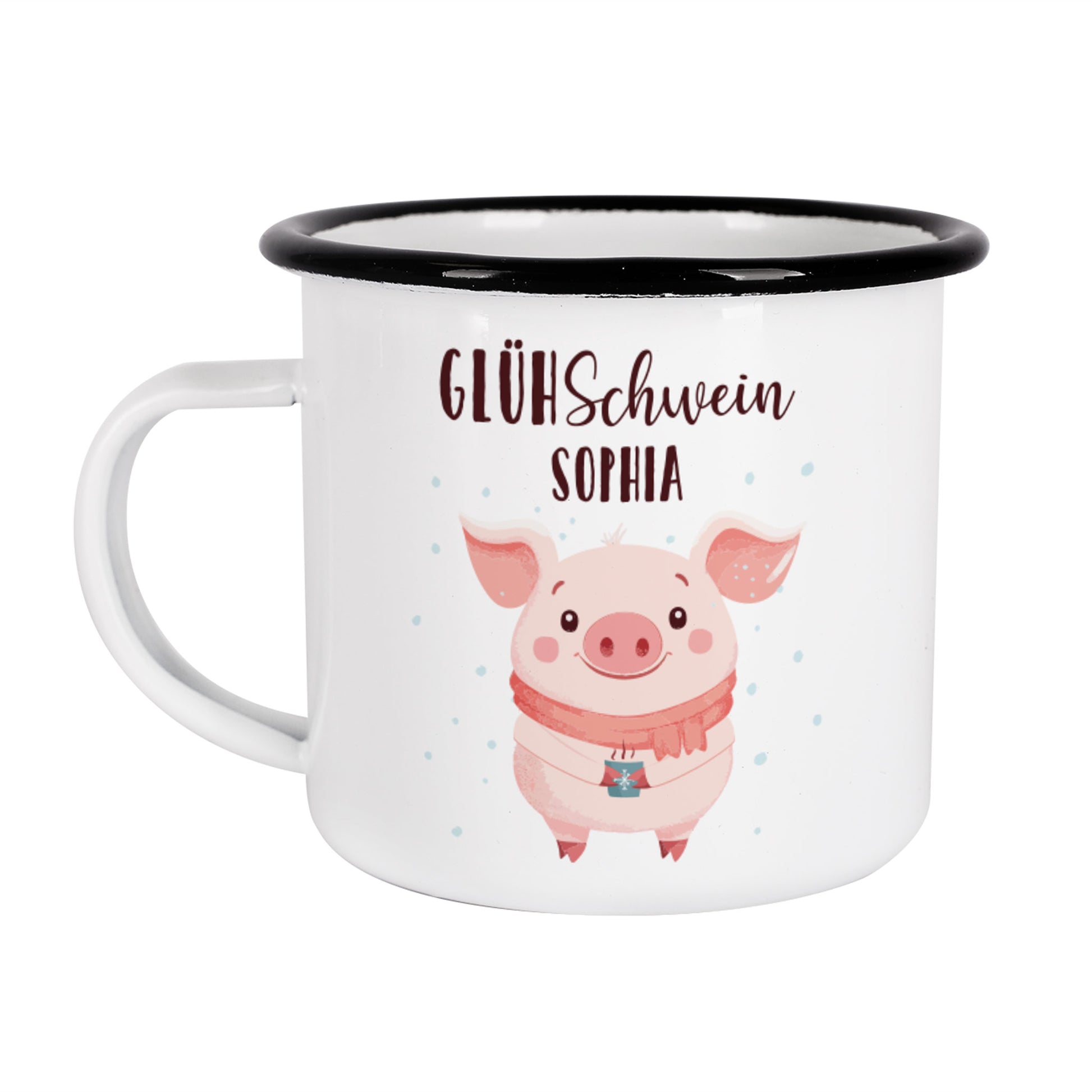 Weiße Emailletasse mit Glühschwein-Illustration und Name, lustige Weihnachtstasse für Glühwein und Punsch