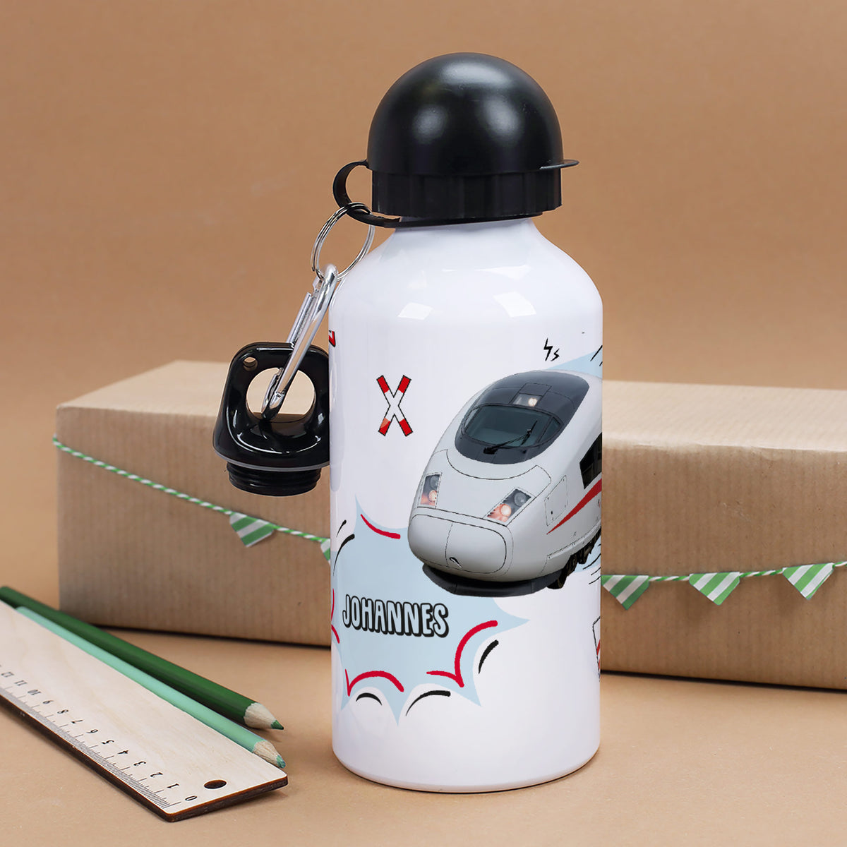 Trinkflasche für Kinder mit Zug-Motiv personalisiert mit Name