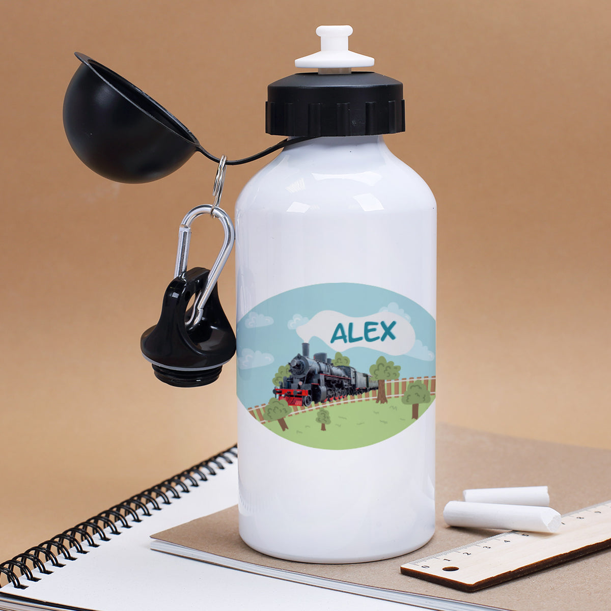 Personalisierte Trinkflasche für Jungen mit Name und Dampflok-Motiv –