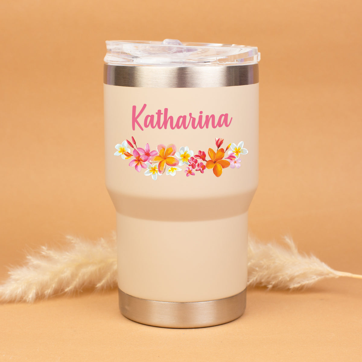 Thermobecher personalisiert mit Name und Blumen Motiv