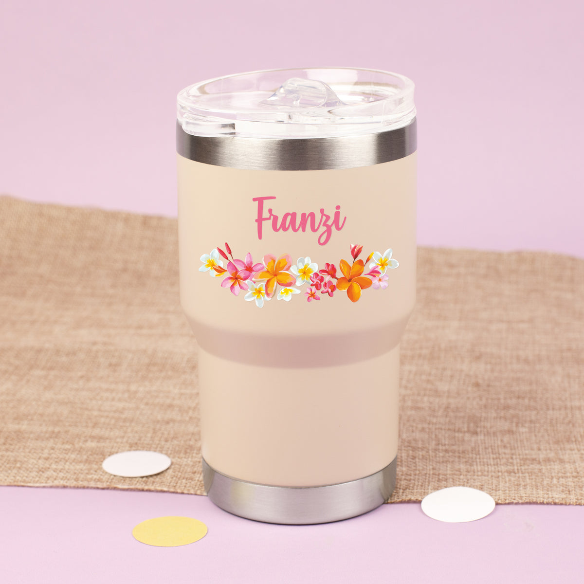 Thermobecher personalisiert mit Name und Blumen Motiv