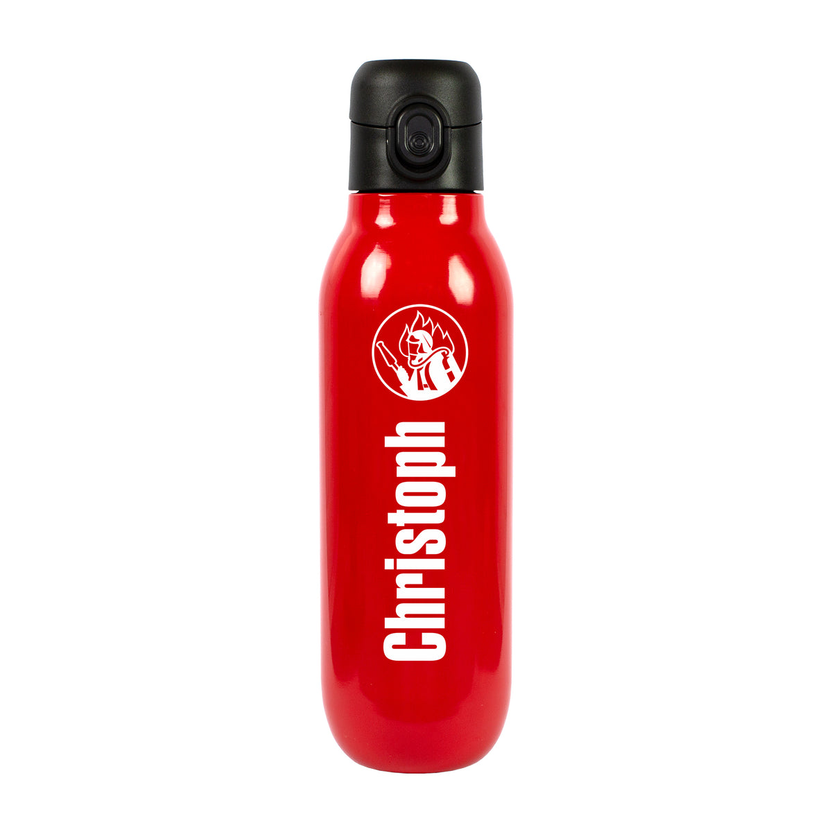 Freigestellte rote Feuerwehr-Trinkflasche aus Edelstahl mit personalisiertem Namen „Christopher“, weißem Feuerwehrmotiv und schwarzem Klickverschluss
