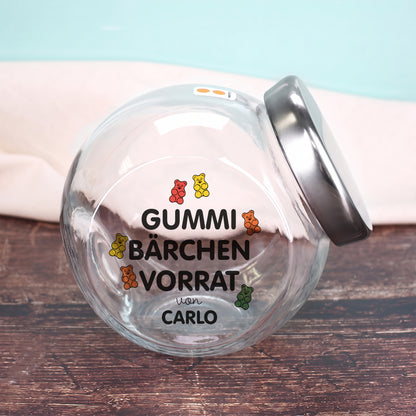 Leeres transparentes Vorratsglas „Gummibärchen Vorrat von Carlo“ mit silberfarbenem Metalldeckel