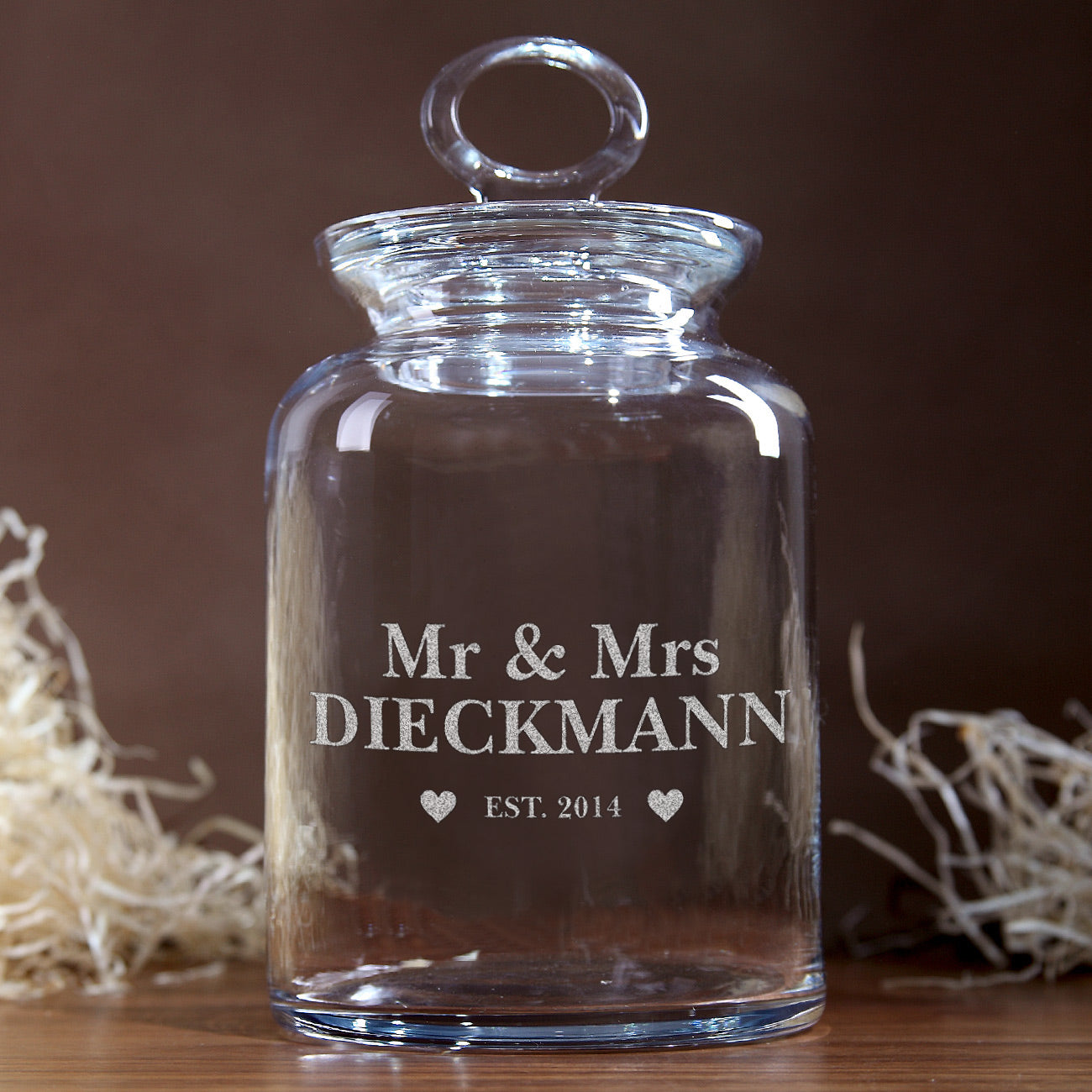 Glasdose für Mr und Mrs mit Wunschnamen und Jahr graviert