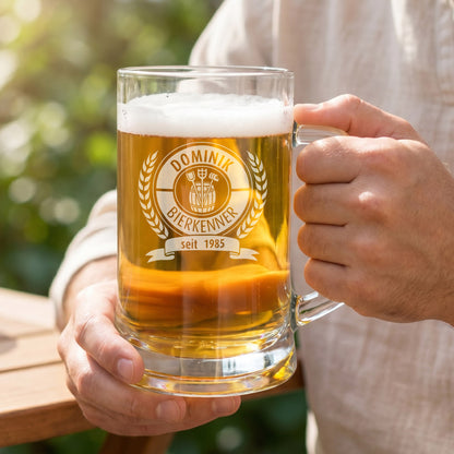 Gravierter Bierseidel für echte Bierkenner mit Name und Jahr