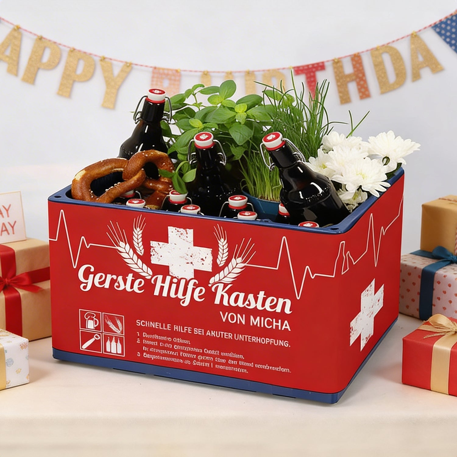 lustiges Geburtstagsgeschenk - DIY-Set "Gerste Hilfe Kasten" mit Ihren Wunschnamen bedruckt