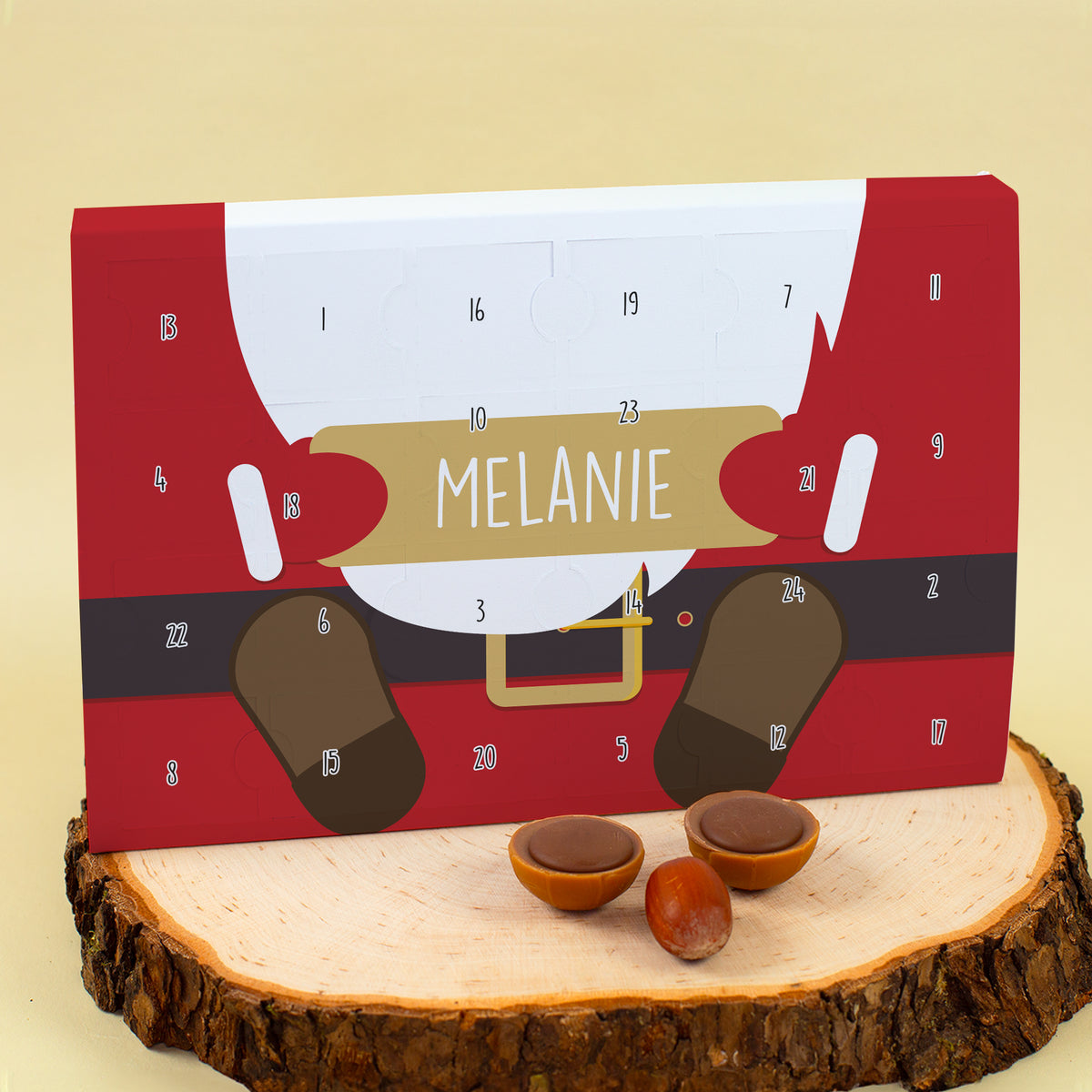 Personalisierter Toffifee Adventskalender mit Weihnachtsmann Motiv und Name auf Holzscheibe