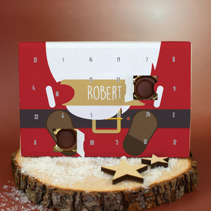 Toffifee Adventskalender mit Weihnachtsmann Motiv und geöffneten Türchen personalisiert mit Name